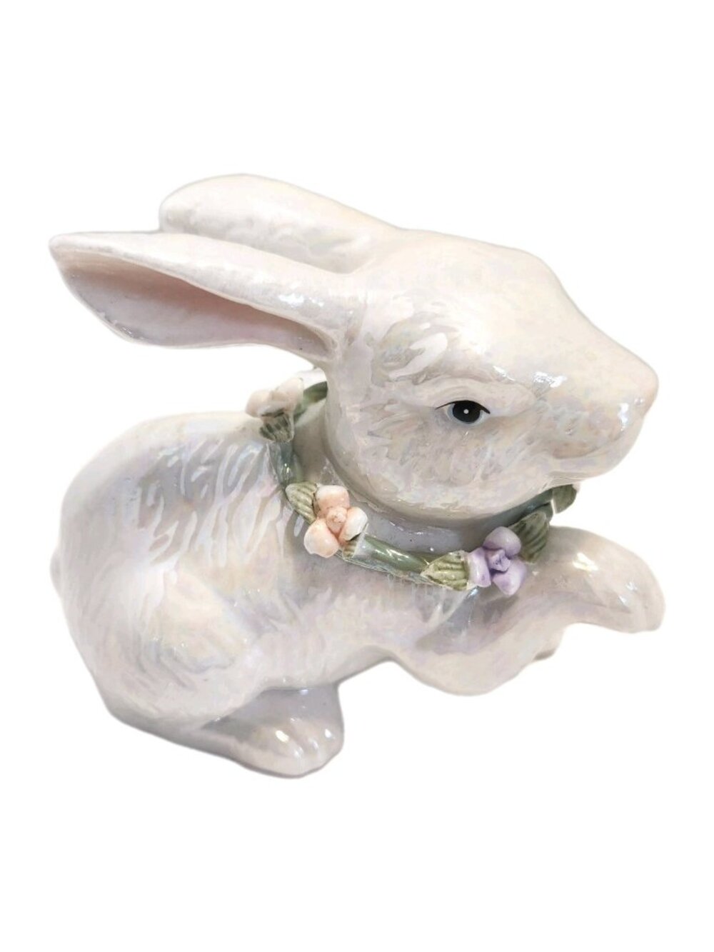 Vintage Ceramic Bunny Rabbit Iridescent Glazed With Flowers  Figurine